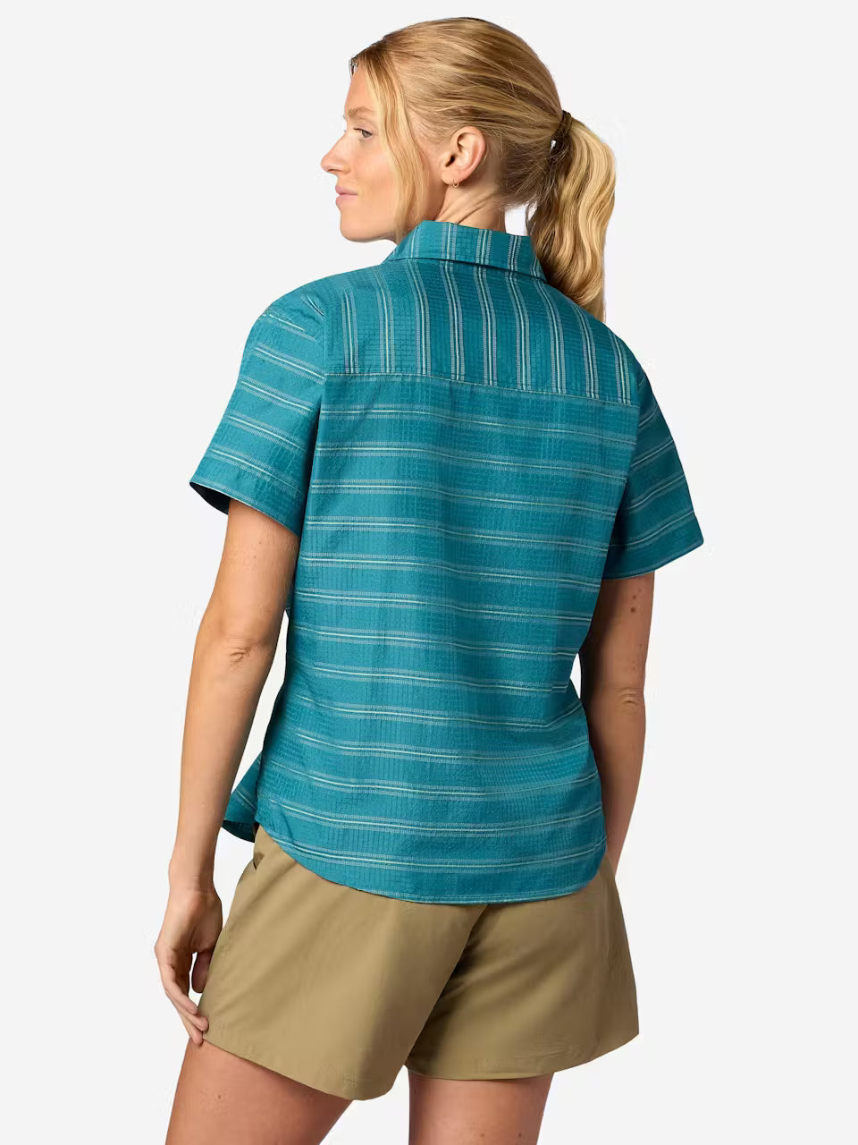 Marmot Womens Airexchange Short Sleeve Shirt Emrld blu slght strp