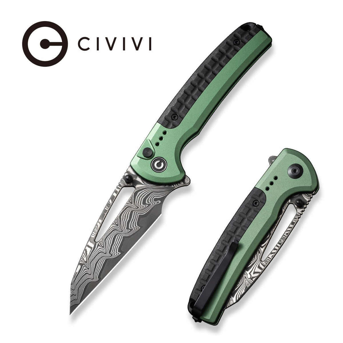 Civivi Sentinel Strike Knife, Green Aluminum Black Frn/damascus Grn/blk/dmscs