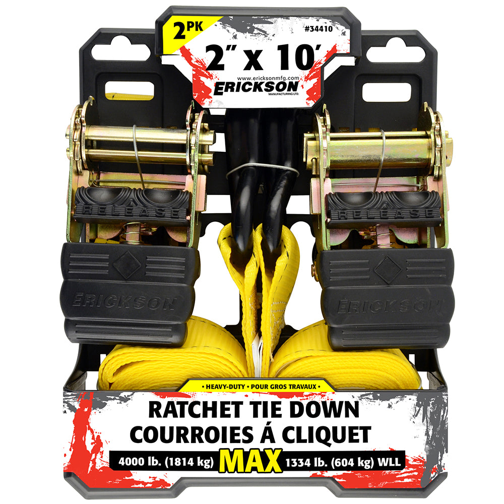 Erickson 2″ x 10′ 4000 lb Ratcheting Tie-Downs
with Double J-Hooks YEL / / 2INX10FT
