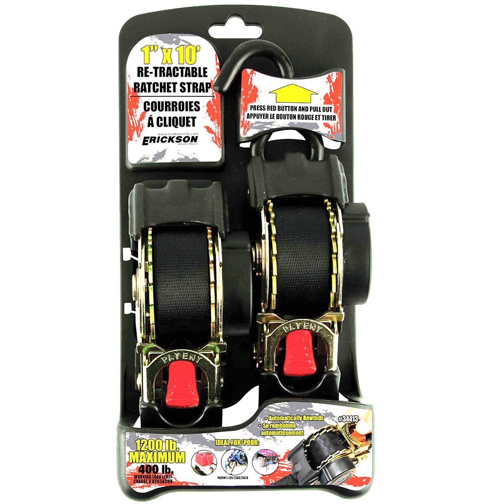 Erickson 1″ x 10′ 1200 lb Re-Tractable
Ratchet Straps BLKL / / 1INX10FT