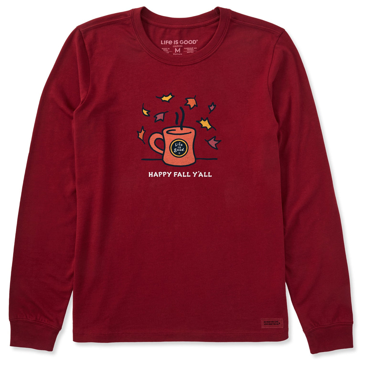 Life Is Good Womens Happy Fall Yall Mug L/s Crusher Tee Adirondack red