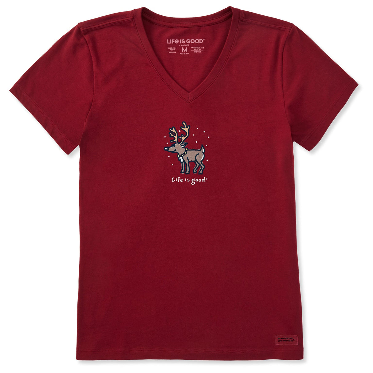 Life Is Good Womens Snowy Reindeer S/s Crusher Vee Adirondack red