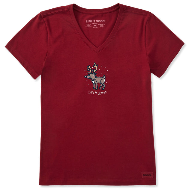 Life Is Good Womens Snowy Reindeer S/s Crusher Vee Adirondack red
