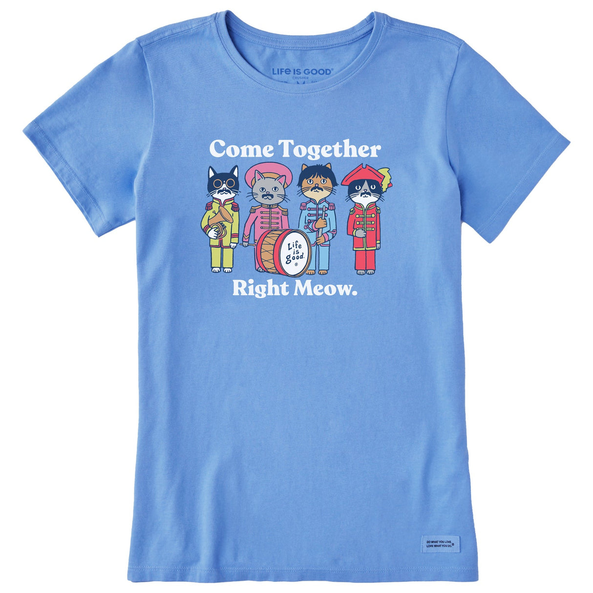 Life Is Good Womens Come Together Right Meow S/s Crusher Tee Cornflower blue
