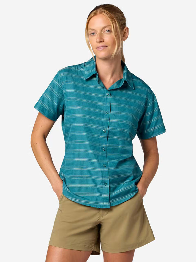 Marmot Womens Airexchange Short Sleeve Shirt Emrld blu slght strp