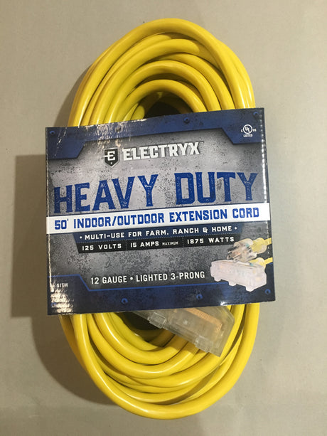 Electryx Heavy Duty Indoor/Outdoor 3 Plug Extension Cord - 12 Gauge - Yellow 50FT / Yellow