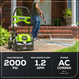 Greenworks 2000 PSI 1.2 GPM Cold Water Electric Pressure Washer with 12-inch Surface Cleaner and Premium Foam Cannon