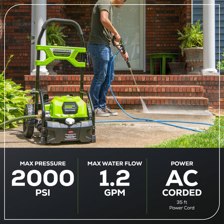 Greenworks 2000 PSI 1.2 GPM Cold Water Electric Pressure Washer with 12-inch Surface Cleaner and Premium Foam Cannon