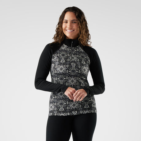 Smartwool Womens Classic Thermal Merino Base Layer 1/4 Zip Black deco floral