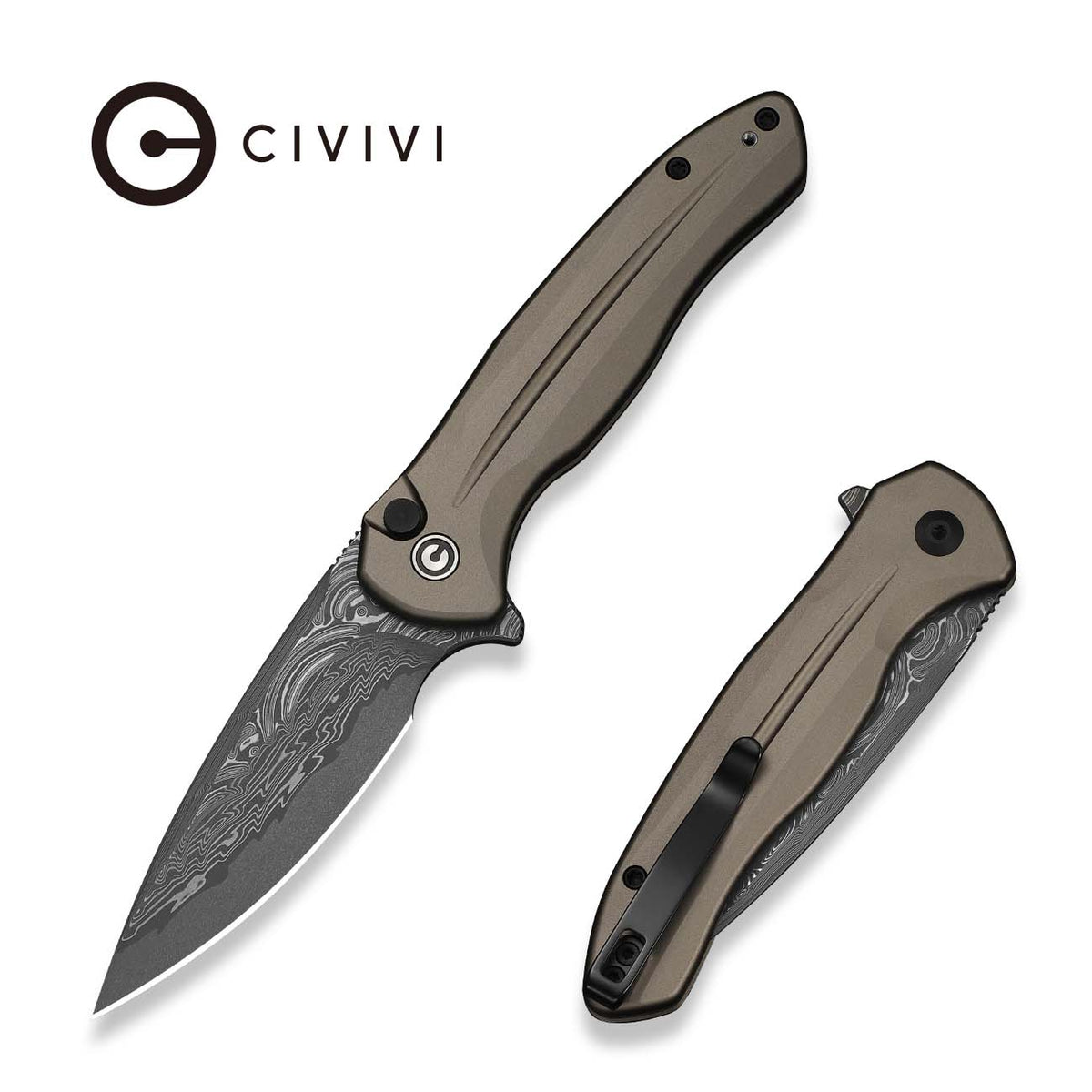 Civivi Button Lock Kitefin Knife, Brown-gray Aluminum/damascus Brwn/gry/dmscs