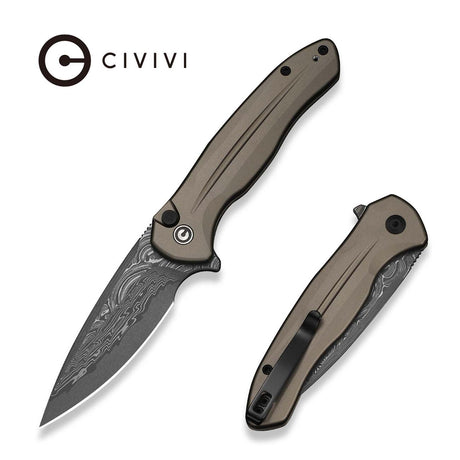 Civivi Button Lock Kitefin Knife, Brown-gray Aluminum/damascus Brwn/gry/dmscs