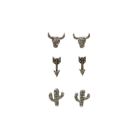 Blazin Roxx Antique Western Earring Set - Longhorn, Arrow, Cactus