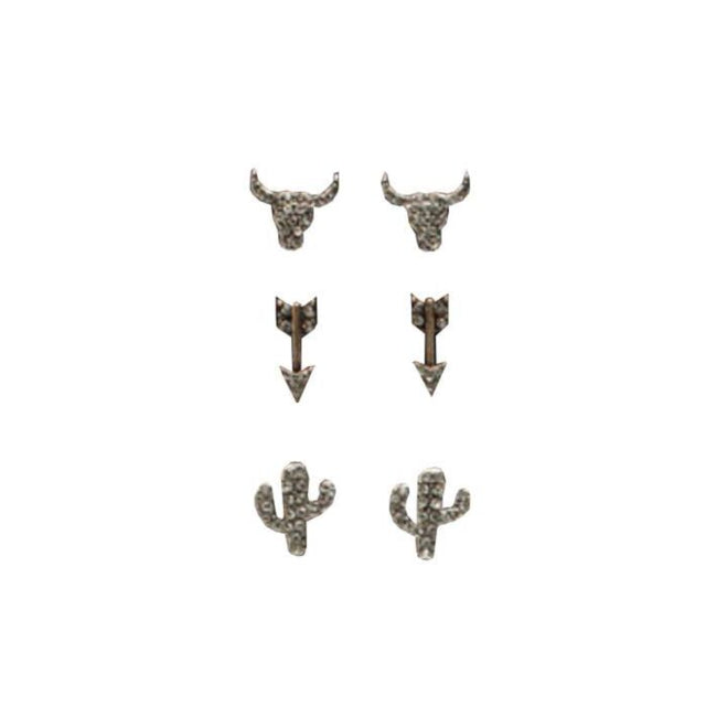 Blazin Roxx Antique Western Earring Set - Longhorn, Arrow, Cactus