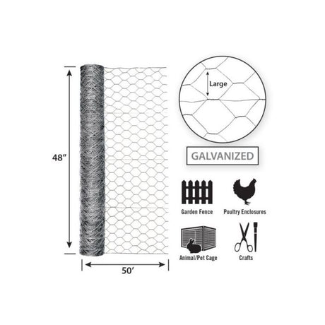 Garden Zone Garden Craft Galvanized Poultry Netting, 48in x 50ft, 2in Hexagonal Openings