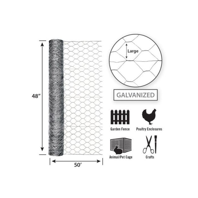 Garden Zone Garden Craft Galvanized Poultry Netting, 48in x 50ft, 2in Hexagonal Openings